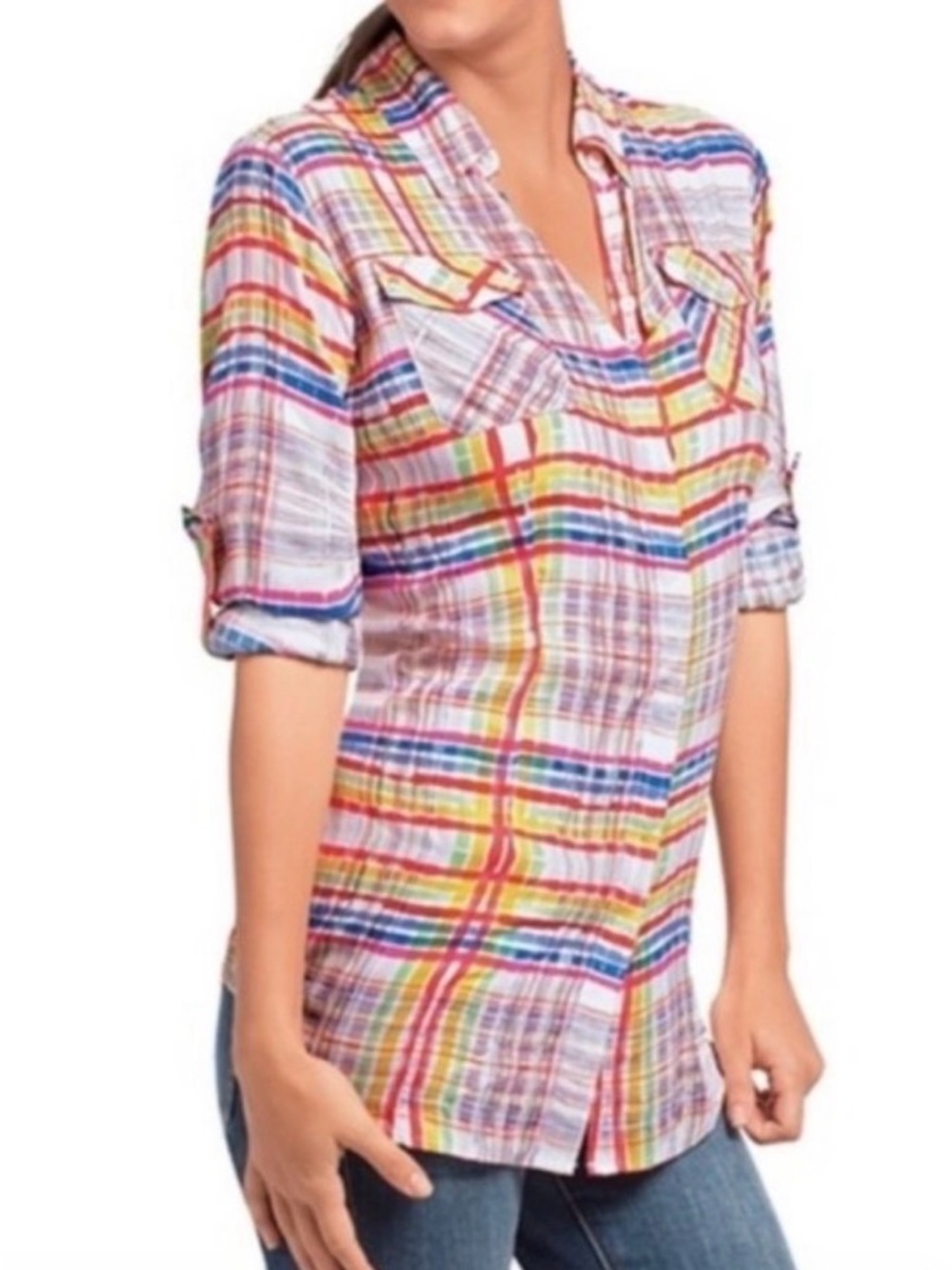 CAbi Rainbow Plaid Button-Down Shirt in Red, Yellow & Blue